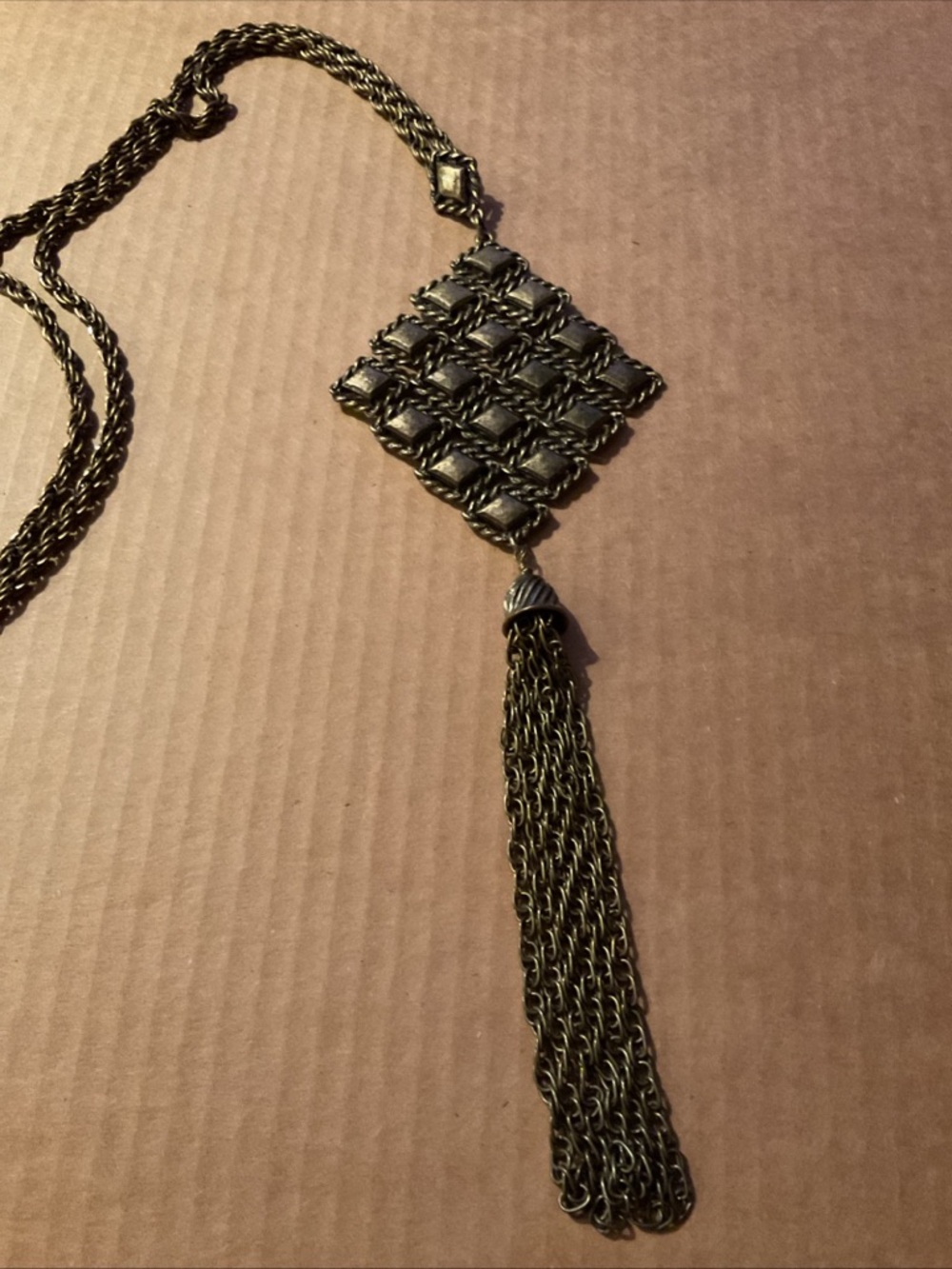 Chico's Antique Gold Woven Square Pendant Tassel Necklace Chico diamond tassel